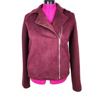 Ann Taylor Moto Jacket Faux Suede Knit Zip Sweater Burgundy Size M